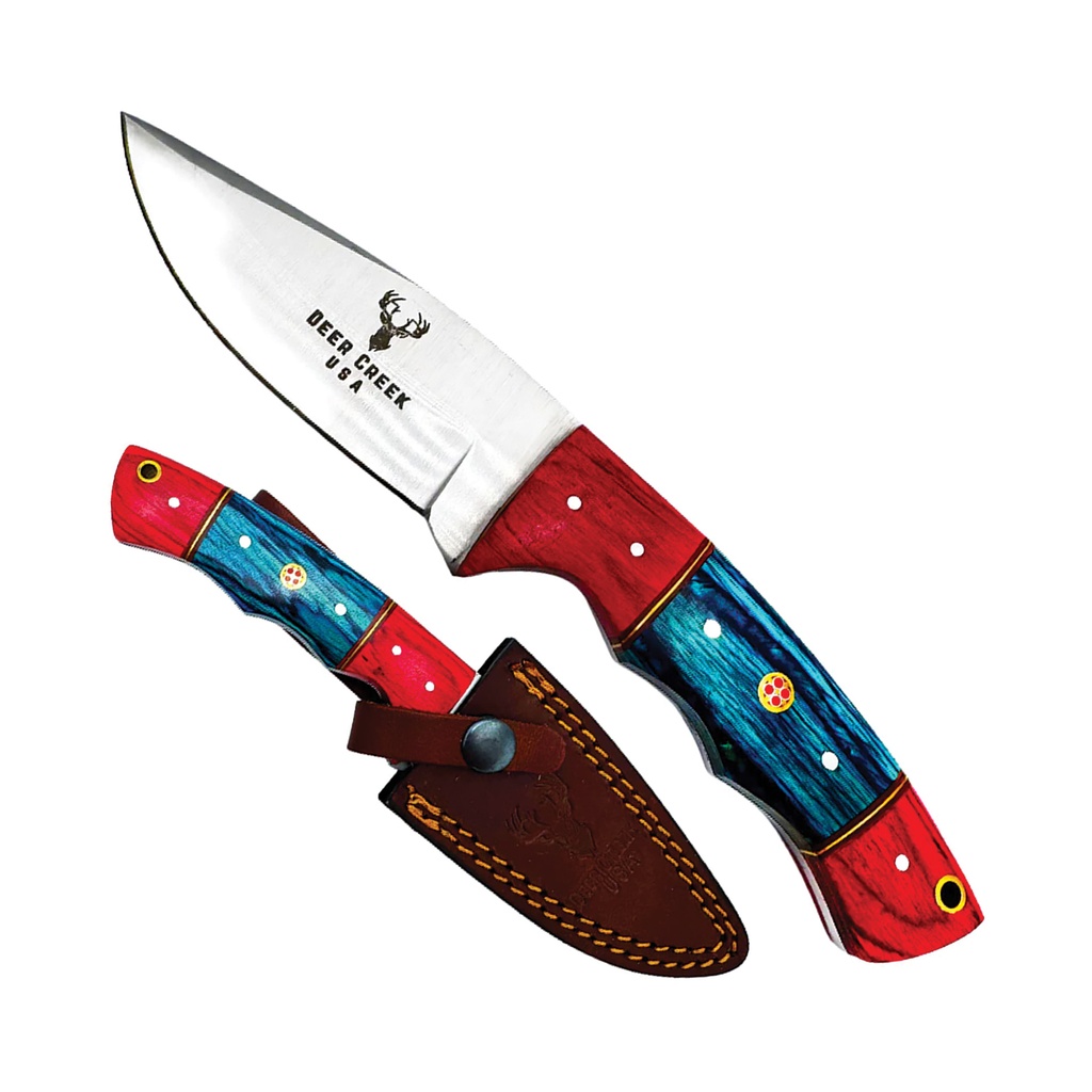 SAMPLE -Creek Signal Field-Ready Fixed Blade Hunting Knife - Red & Blue Pakkawood
