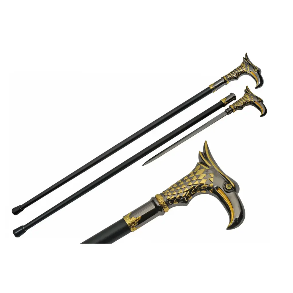 Regal Eagle Head Threaded-Lock Sword Cane - Gold & Silver