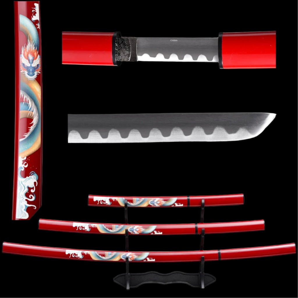 Burgundy Dragon Tiered Samurai Sword Set - Glossy Burgundy