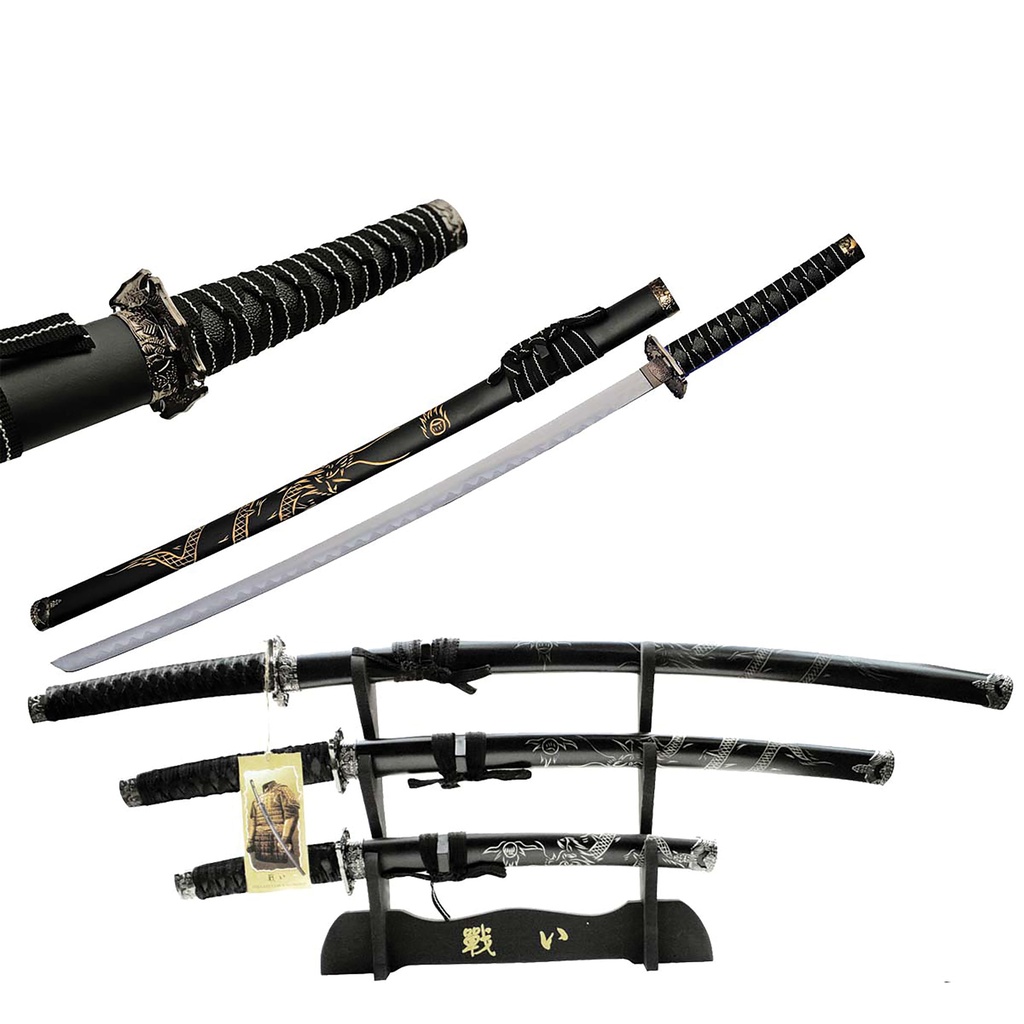 Dragon Lineage Display Samurai Sword Set - Black Wood