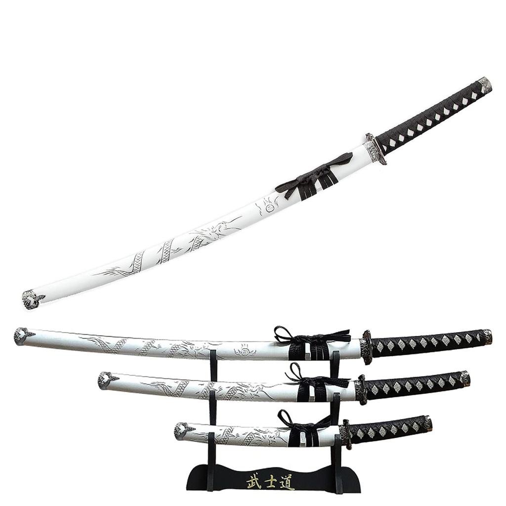 White Dragon Vigil Samurai Sword Set - Carved Wood