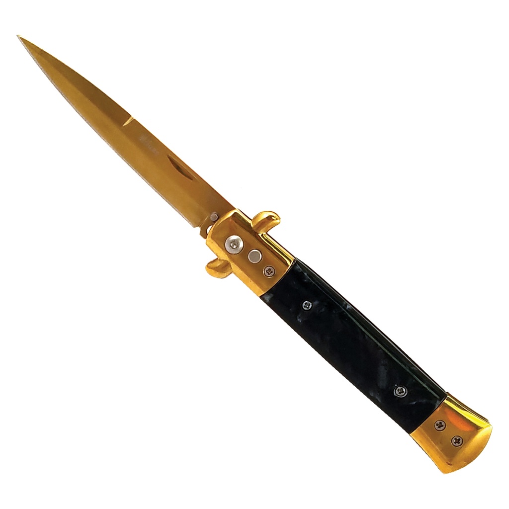 Gilt Marble Quick-Deploy Stiletto Switchblade - Black Marble & Gold