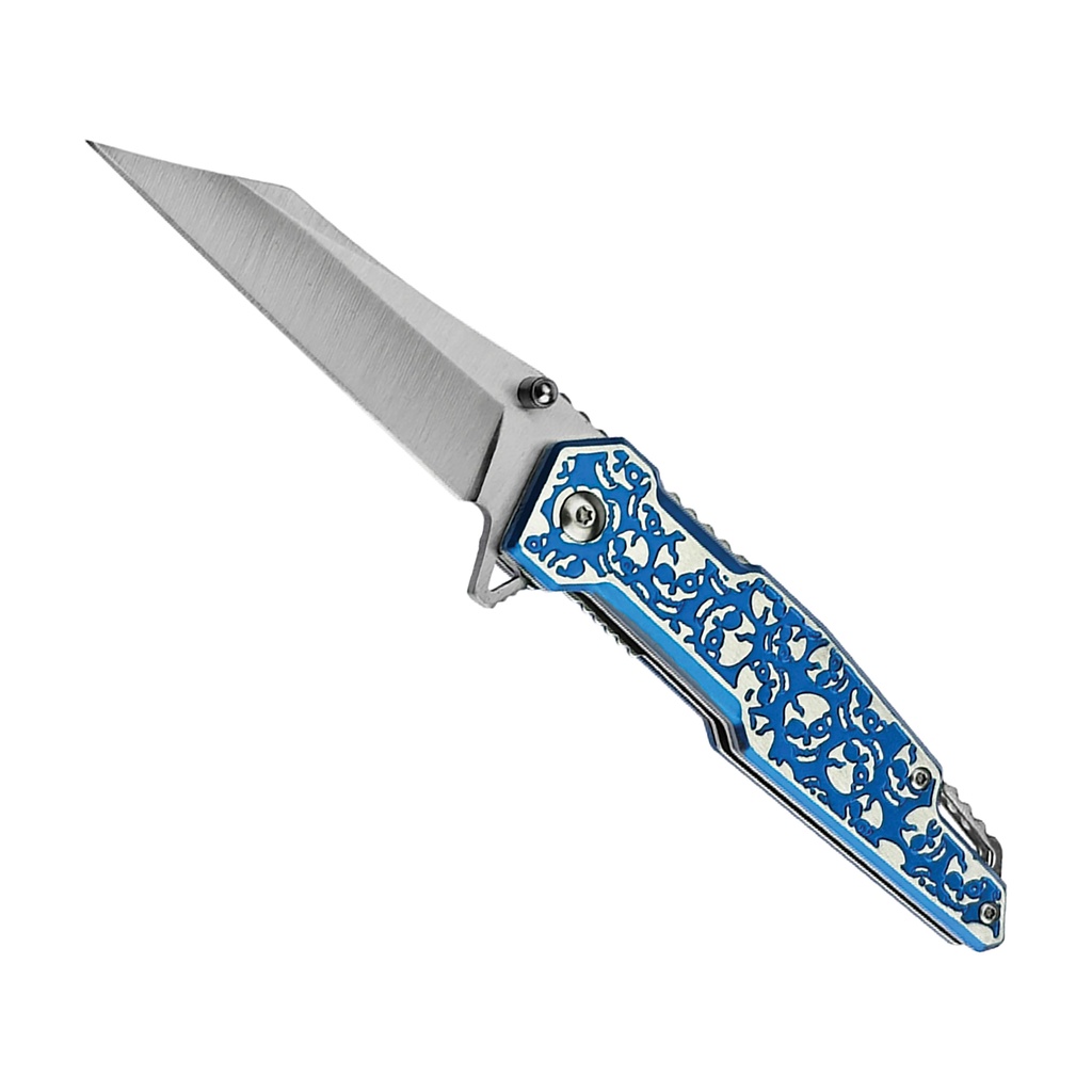 Venom Kiss Skull-Engraved Assisted Opening Knife - Blue Aluminum
