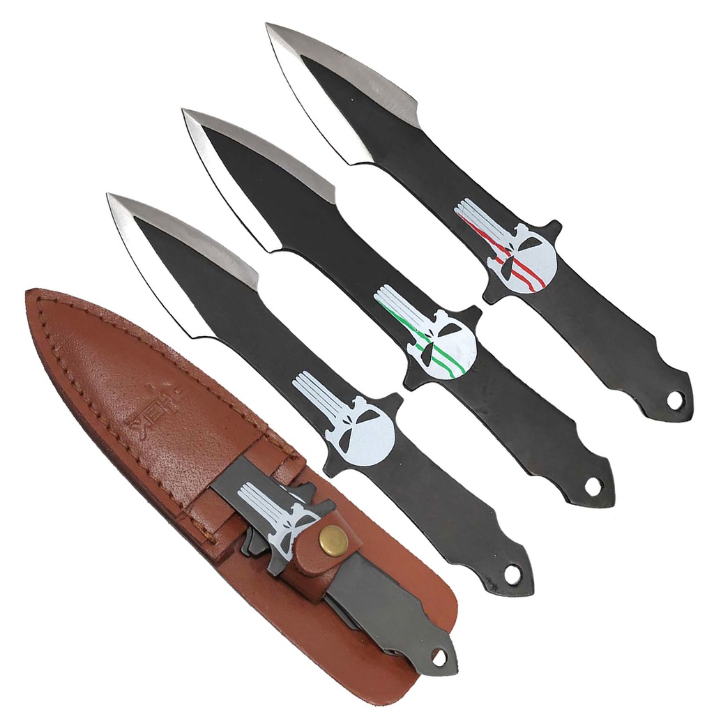 Punisher Skull Triple-Flight Throwing Knife Set - Matte Black Steel