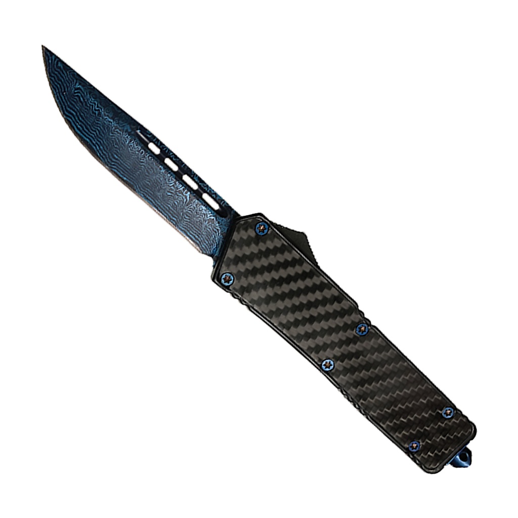 Carbon Weave Lightning-Deploy OTF Knife - Blue Damascus