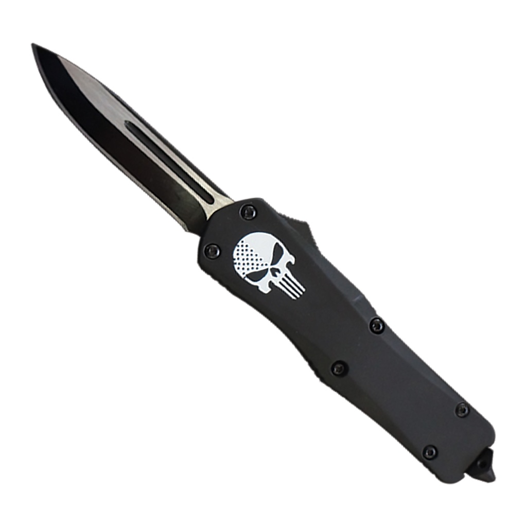 Punisher Skull Single-Action OTF Knife - Two-Tone Black