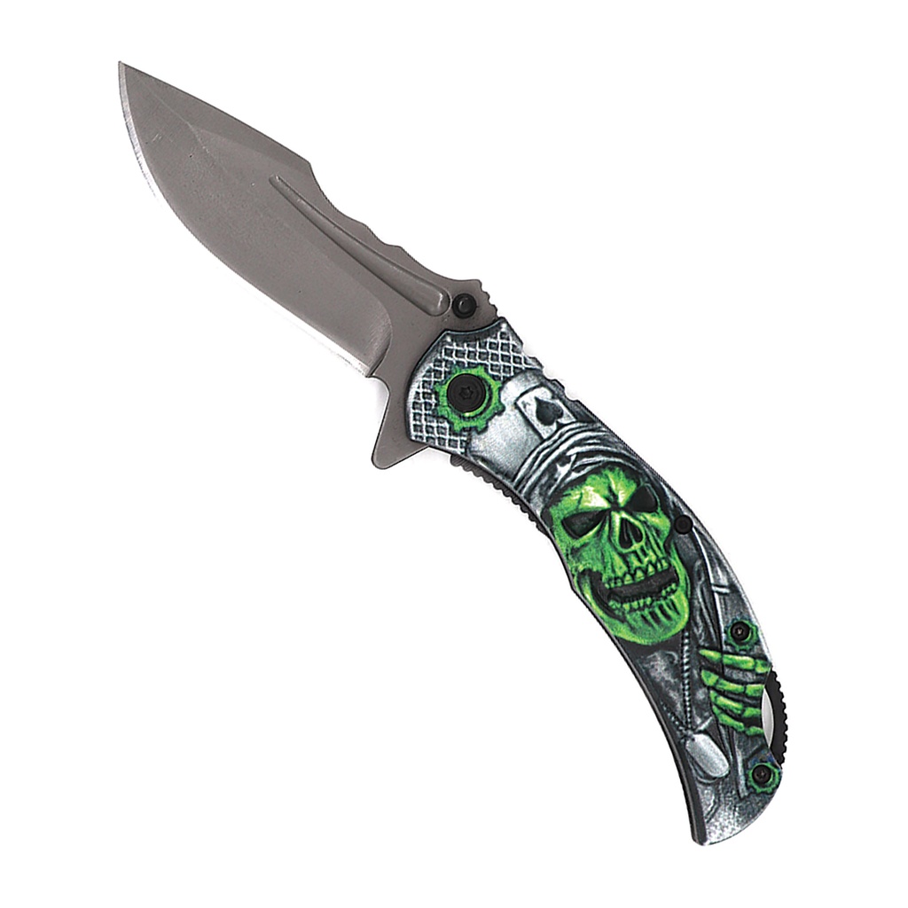 Top Hat Skull Quick-Deploy Spring Assisted Knife - Green Nylon Fiber
