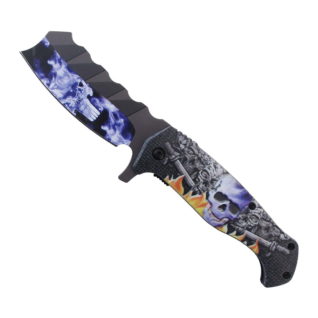 Riotborn Flaming Skull Cleaver Folding Knife - Purple