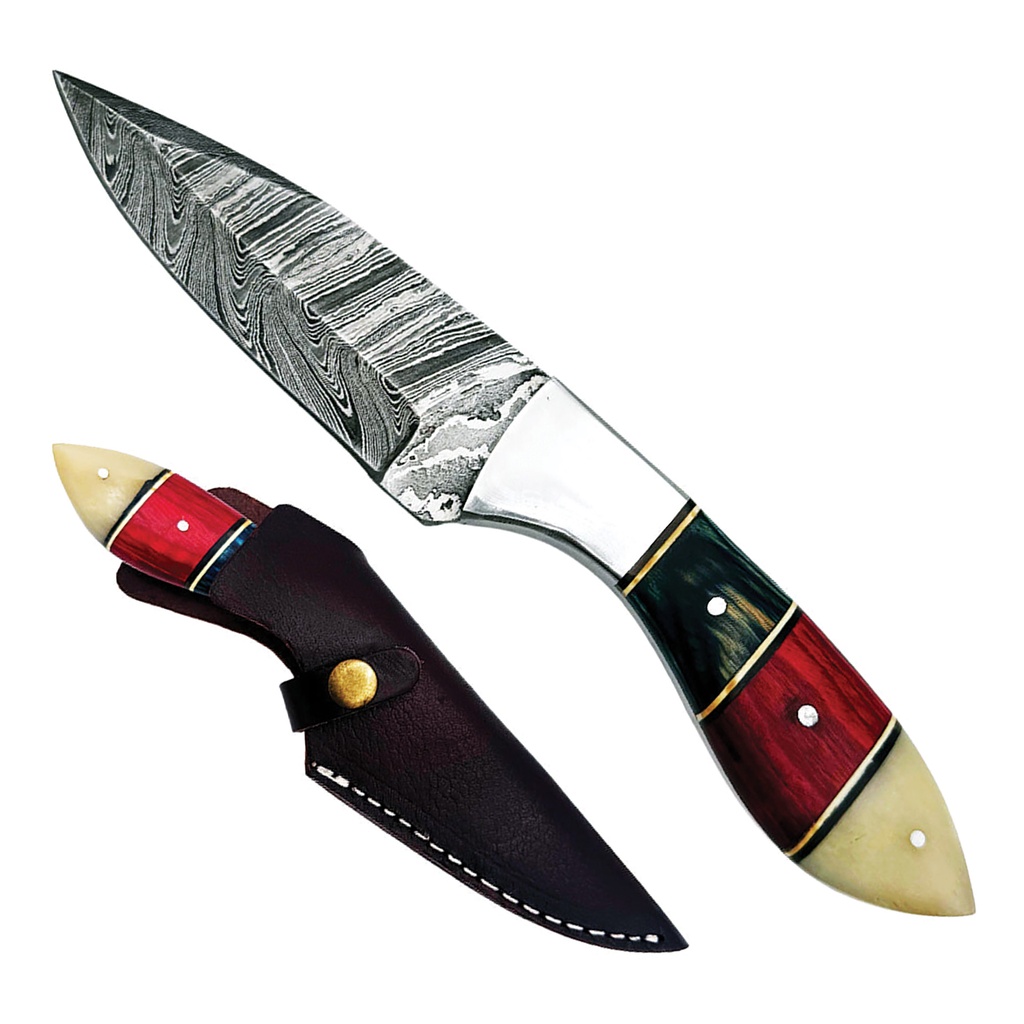 SAMPLE -Patriot Forge Full-Tang Damascus Hunting Knife - Red White Blue Bone